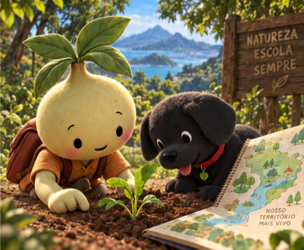 Bobby e Pretunia cuidam de uma muda, junto ao caderno do território